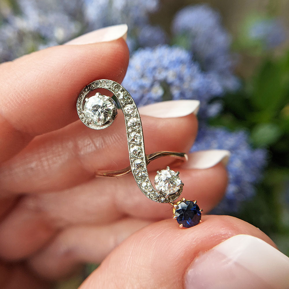 another view of the diamond and sapphire ring