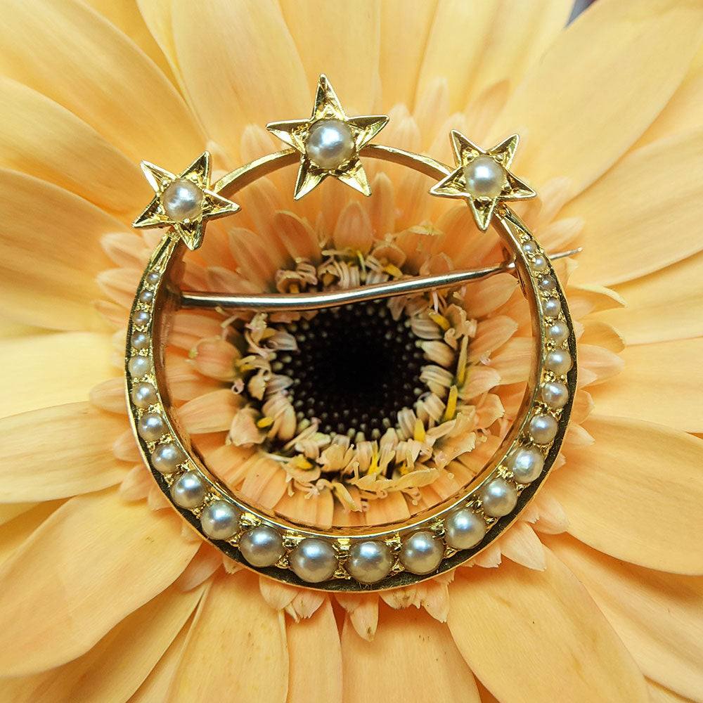 victorian moon and stars brooch in 15ct gold