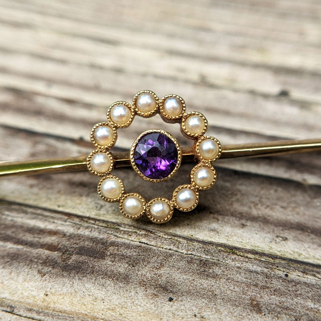 Victorian bar brooch set with amethyst and pearls